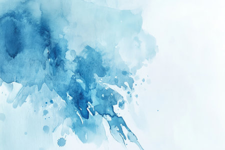 An abstract watercolor painting featuring blue splashes and stains on a white background.の素材