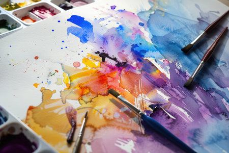 A close-up image of a watercolor painting in progress, featuring various colors, brushstrokes, and paint splatters.の素材