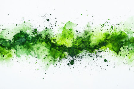 A vibrant green watercolor splash with splatters on a white background.の素材