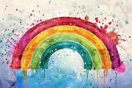 A vibrant watercolor rainbow with colorful splashes and drips on a light background.の素材