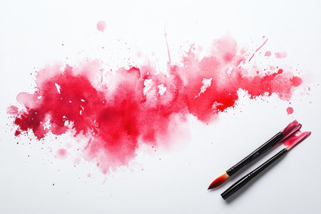 An abstract watercolor painting of a red splotch with two paintbrushes.の素材