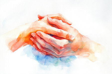 A watercolor painting depicting two hands clasped together, showcasing delicate brushstrokes and soft colors.の素材