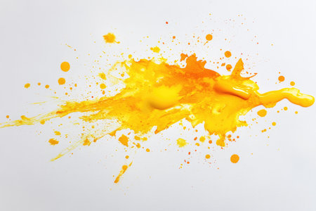 A yellow paint splatter with droplets and streaks on a white background.の素材