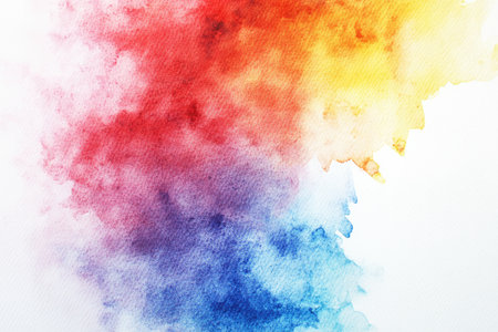 A close-up abstract watercolor painting with vibrant red, yellow, and blue colors blending into each other.の素材
