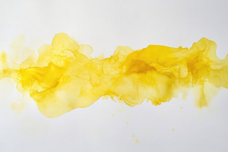 An abstract watercolor painting with yellow splashes and drips on a white background.の素材