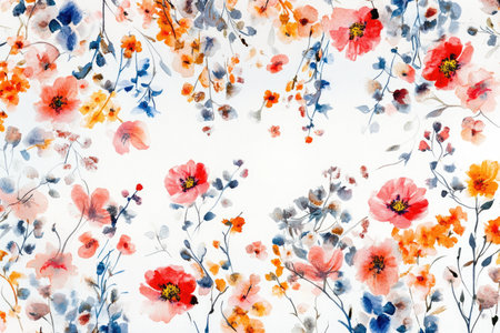 A watercolor painting depicting a delicate arrangement of red, orange, and blue flowers on a white background.の素材
