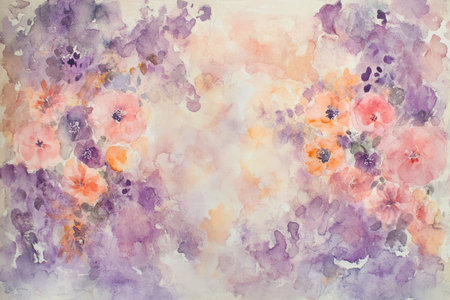A watercolor painting featuring an abstract floral design in purple and orange hues, creating a delicate and romantic background.の素材