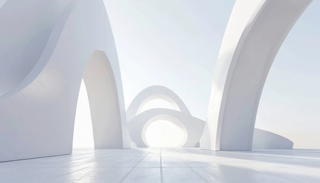 A minimalist architectural scene with curved white arches and a bright horizon.の素材