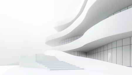 A white modern building with a curved exterior and a staircase leading up to a glass window wall.の素材
