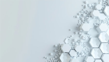 A white background with a cluster of white hexagonal and geometric shapes.の素材