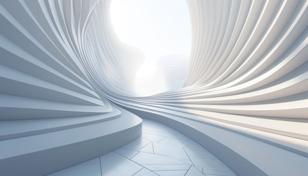 A minimalist 3D rendering of a futuristic architectural structure featuring a curved, white design and a geometric floor.の素材