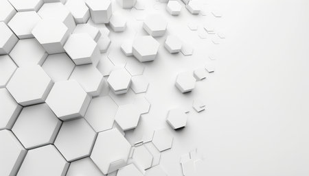 A close-up view of a white, hexagonal pattern with depth and perspective.の素材