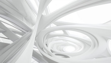 An image of a modern, white architectural structure with curved lines and a circular opening, creating a sense of depth and perspective.の素材
