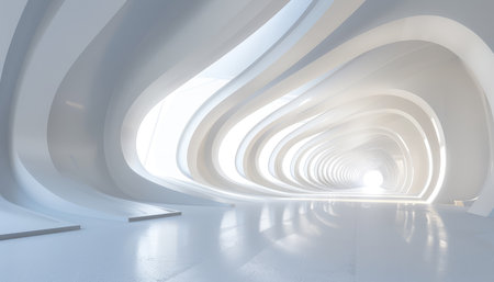 A 3D rendering of an abstract white interior with curved walls and a bright light source at the end of a long hallway.の素材