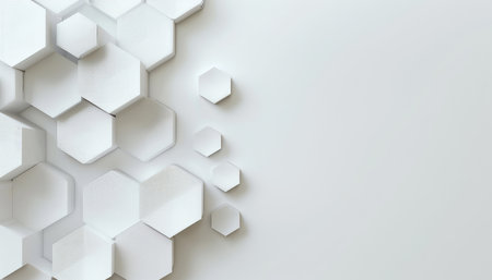 A minimalist composition featuring a cluster of textured white hexagonal shapes against a white background.の素材