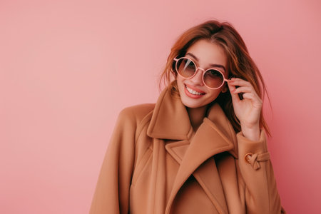 A close-up portrait of a woman wearing a brown coat and sunglasses, smiling against a pink background.の素材
