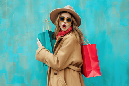 A surprised woman wearing a hat and sunglasses holding shopping bags against a blue wall.の素材