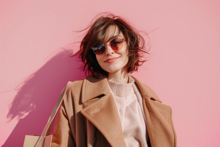 A woman wearing sunglasses and a brown coat smiles at the camera with windblown hair in front of a pink wall.の素材
