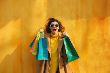 A woman in a yellow sweater and brown coat, holding multiple colorful shopping bags, looks surprised and excited against a yellow wall.の素材