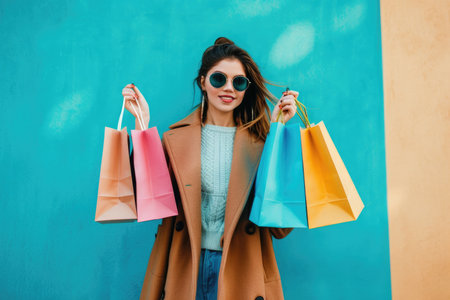 A woman in a brown coat with sunglasses holds three colorful shopping bags in front of a turquoise and beige wall.の素材