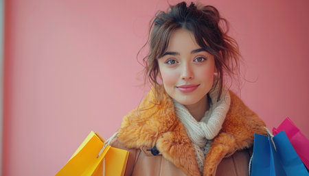A young woman in a fur coat smiles brightly as she holds shopping bags.の素材
