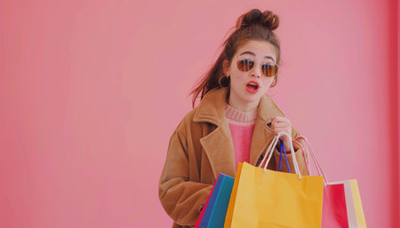 A young woman in a brown coat and sunglasses looks surprised while holding colorful shopping bags in front of a pink background.の素材