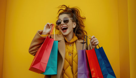 A young woman wearing sunglasses smiles happily while holding a variety of colorful shopping bags against a bright yellow wall.の素材
