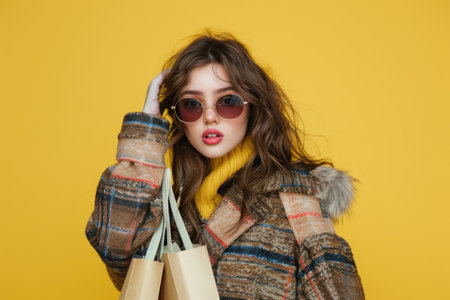 A young woman with long brown hair wearing sunglasses, a plaid coat, and a yellow sweater holds shopping bags against a yellow background.の素材