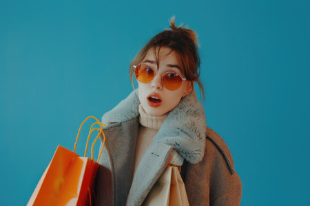A woman in sunglasses, a fur-collared coat, and a white sweater holds orange and beige shopping bags with a surprised expression on her face.の素材