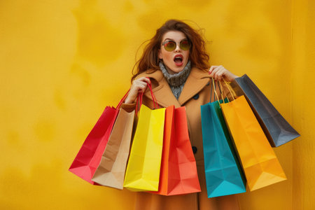 A woman in a brown coat stands against a yellow wall, looking surprised with a handful of colorful shopping bags.の素材