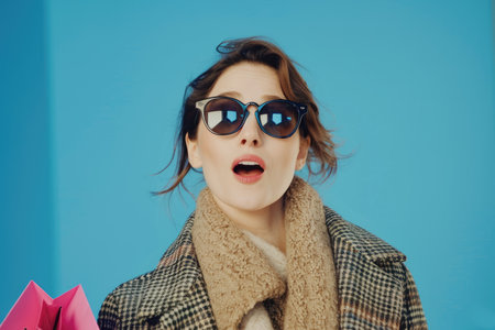 A surprised woman wearing sunglasses and a plaid jacket looking at the camera.の素材