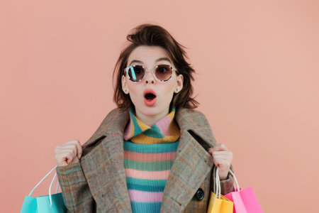 A surprised young woman in a coat and sweater holds colorful shopping bags against a pink backdrop.の素材