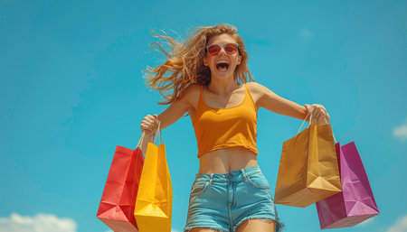 A young woman expresses joy with shopping bags outdoors on a sunny day.の素材