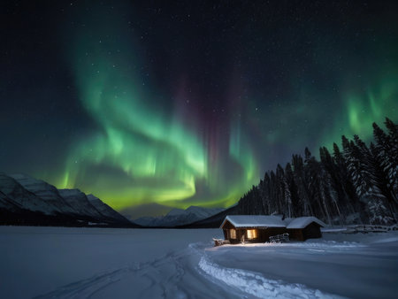 A cozy wooden cabin glows under a vibrant aurora borealis display against a backdrop of snow covered mountains and a dark forest.の素材