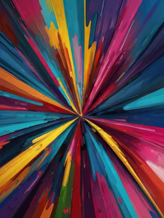 An abstract artwork featuring vibrant radiating brushstrokes in a variety of colors creating a dynamic and energetic visual effect.の素材