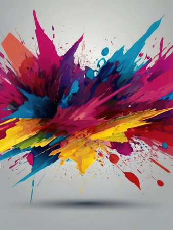 A vibrant abstract image depicting a dynamic explosion of multicolored paint splatters and streaks.の素材