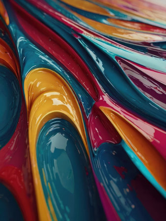 A close-up view of an abstract image showing swirling vibrant colors of teal, crimson, gold, and orange paint creating a dynamic and visually striking texture.の素材
