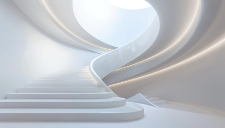 A modern interior featuring a white spiral staircase with a circular skylight.の素材