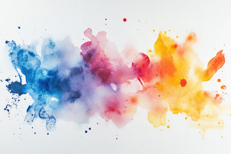 An abstract watercolor painting with blue, red, and yellow splashes on a white canvas.の素材