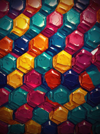 A vibrant abstract image featuring a pattern of glossy, colorful hexagons resembling a painted mosaic.の素材