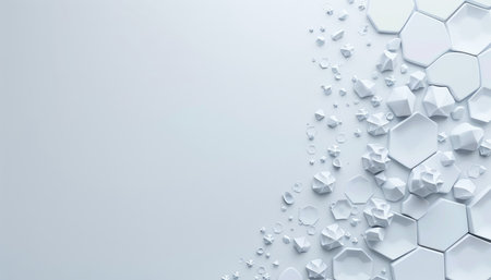 An abstract background featuring white geometric shapes, including hexagons, arranged on a light gray surface.の素材