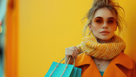A stylishly dressed woman with shopping bags poses against a bright yellow wall.の素材