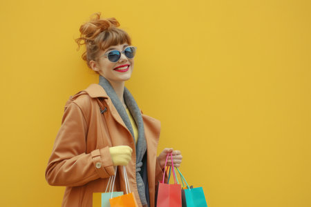 A woman wearing sunglasses and a brown coat holds shopping bags against a yellow wall.の素材
