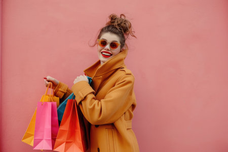 A woman in a mustard coat smiles while holding colorful shopping bags in front of a pink wall.の素材