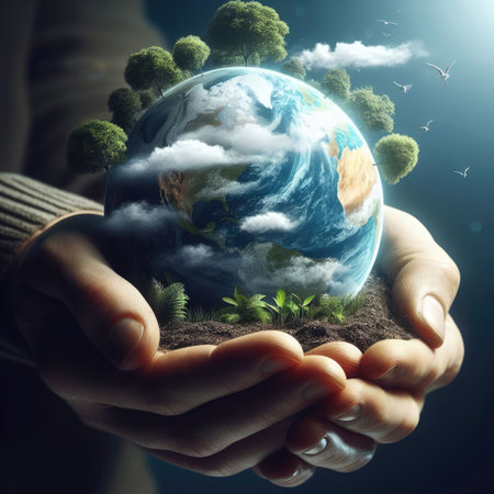 A pair of hands cradles a miniature Earth adorned with trees and clouds symbolizing environmental care.の素材