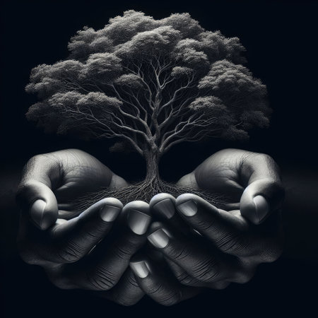 A grayscale digital art piece depicting two hands carefully holding a small tree, symbolizing protection and the nurturing of life.の素材