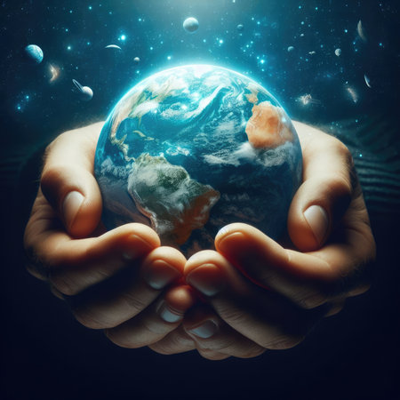 A pair of hands carefully cradles the Earth, encircled by planets and stars, symbolizing environmental responsibility.の素材