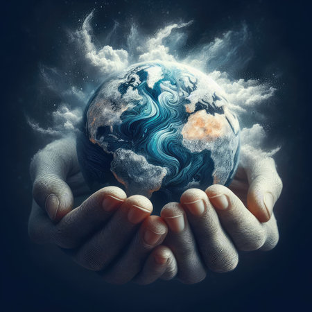 A pair of hands carefully cradles a stylized Earth globe with swirling textures, suggesting environmental fragility and the need for care.の素材