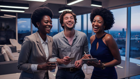 Three diverse business professionals happily collaborate using technology in a modern office setting.の素材