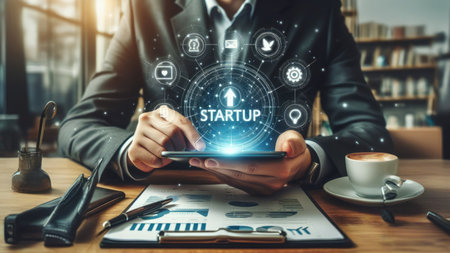 A businessman uses a tablet to visualize his startup plan, showing growth and innovation.の素材